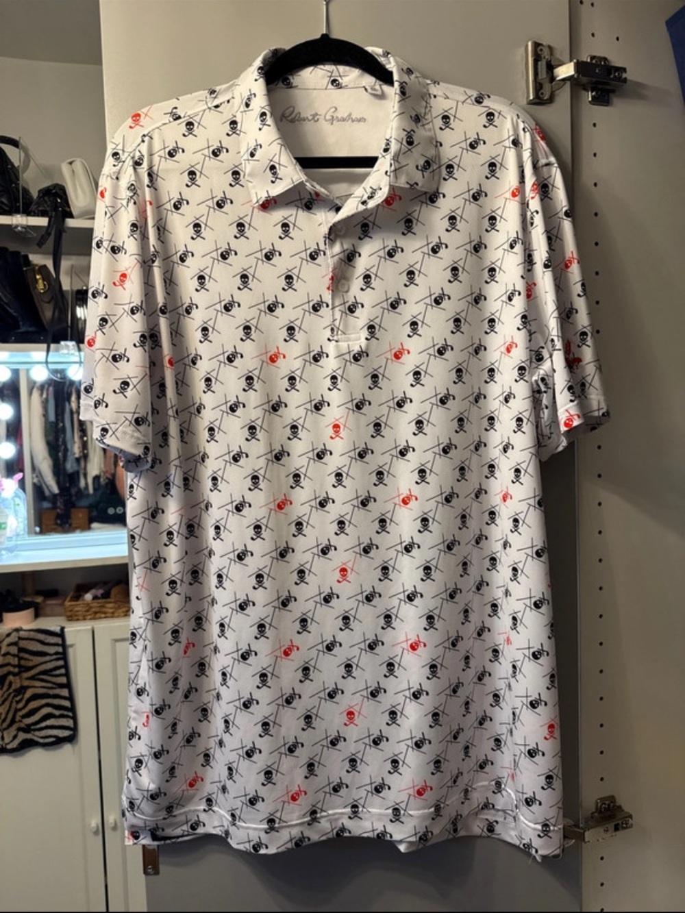 Robert Graham White Polo with Black and Red Skull Print